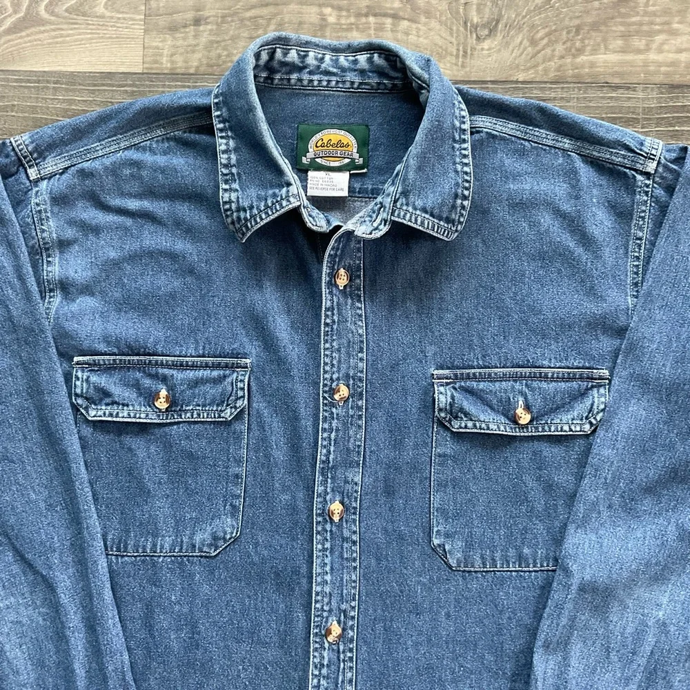 VTG Cabela’s Outdoor Gear Denim Jean Shirt Men’s XL Blue Button Up Long Sleeve - Picture 3 of 9